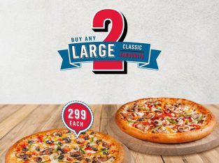Domino’s Mauritius – Any 2 large classic/favourite pizza for Rs 299 each