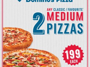 Domino’s Pizza – Buy any 2 medium Classic/Favourite pizzas for only Rs 199 each
