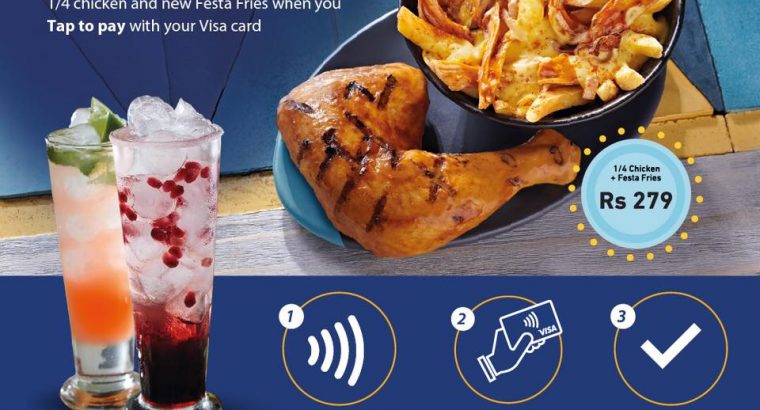 Nando’s – Enjoy a FREE DESIGNER DRINK with your Nando’s 1/4 chicken and new Festa Fries when you Tap to Pay with your Visa Mauritius card