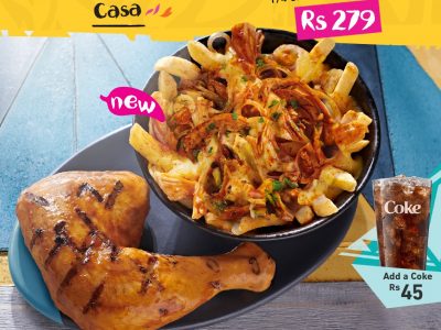 Nando’s – Try our NEW savoury and cheesy Festa Fries topped with pulled chicken paired with a Quarter Chicken at Rs279 only! Add a coke for Rs45