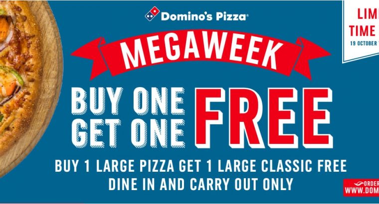 Domino’s Mauritius – BUY ONE, GET ONE FREE Buy any LARGE Pizza and get any LARGE CLASSIC FREE